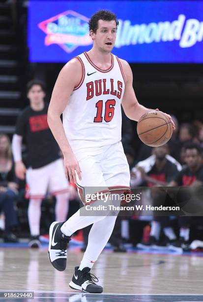 Paul Zipser of the Chicago Bulls dribbles the ball up court against the Sacramento Kings during an NBA basketball game at Golden 1 Center on February...