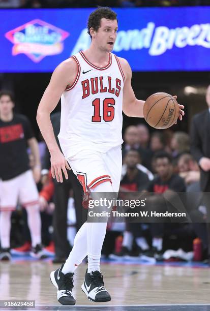 Paul Zipser of the Chicago Bulls dribbles the ball up court against the Sacramento Kings during an NBA basketball game at Golden 1 Center on February...