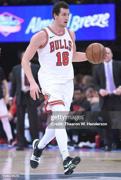 Paul Zipser of the Chicago Bulls dribbles the ball up court against the Sacramento Kings during an NBA basketball game at Golden 1 Center on February...
