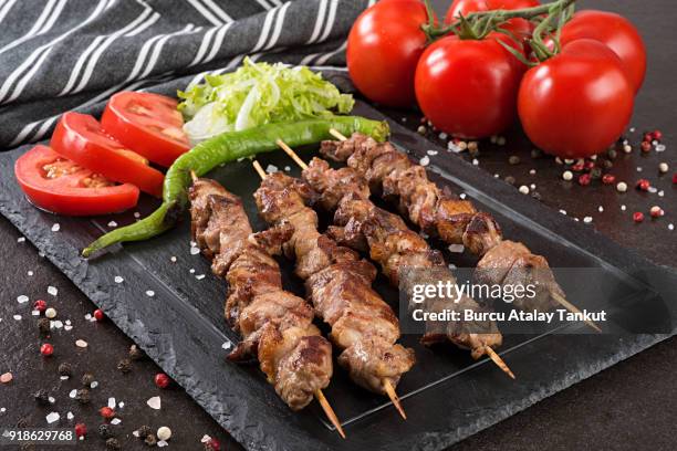 lamb skewers on stone plate - skewer stock pictures, royalty-free photos & images