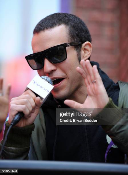Musician Pete Wentz attends the It's Y!ou Yahoo! yodel competition at Military Island, Times Square on October 13, 2009 in New York City.