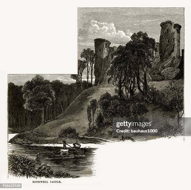 ilustraciones, imágenes clip art, dibujos animados e iconos de stock de south lanarkshire, escocia, castillo de bothwell, grabado escocesa victoriana circa 1840 - clyde river