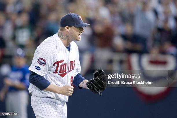 Jon Rauch of the Minnesota Twins reacts to an out against the Kansas City Royals on October 4, 2009 at the Metrodome in Minneapolis, Minnesota. The...