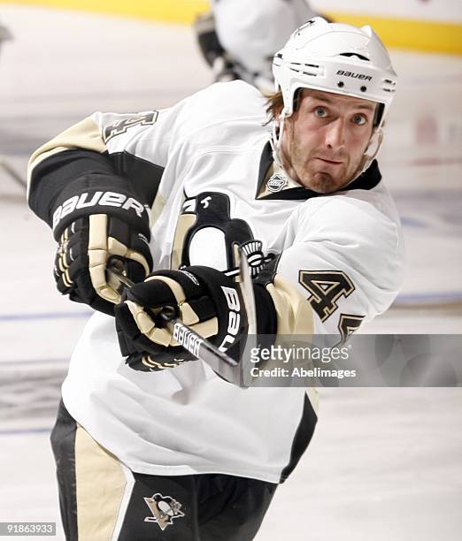 Brooks Orpik takes warmup before playing against the Toronto Maple Leafs during a NHL game at the Air Canada Centre on October 10, 2009 in Toronto,...