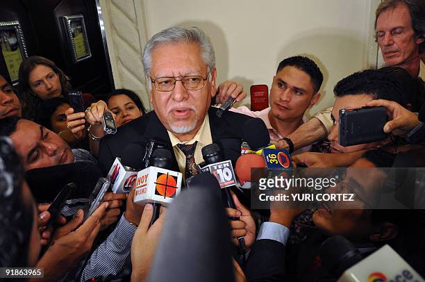 Delegate of toppled Honduran president Manuel Zelaya, Victor Meza, speaks to the press after the end of a meeting with representatives of the de...