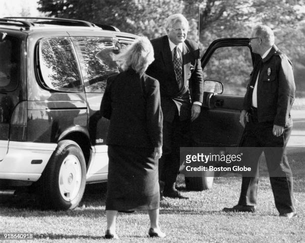 Senator Edward M. Kennedy gets out of his van as he arrives to Mount Wachusett Community College in Gardner, Mass., on May 27, 1994.