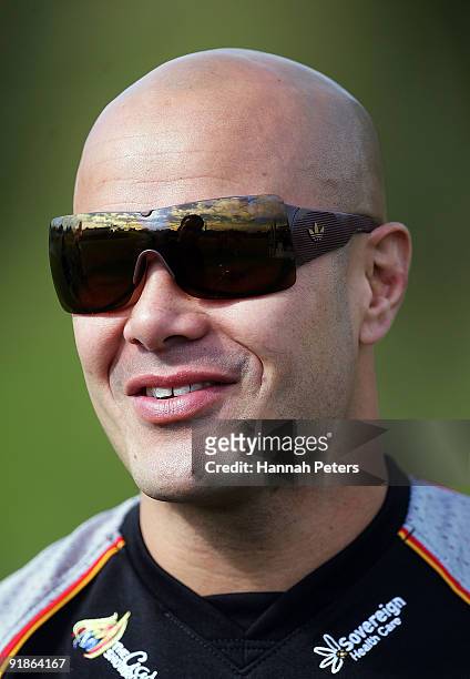 Former rugby league player Monty Betham looks on during a celebrity Tsunami Relief rugby training session at Unitec on October 14, 2009 in Auckland,...