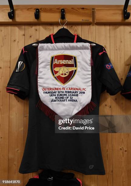 Arsenal pennant in the changingroom before UEFA Europa League Round of 32 match between Ostersunds FK and Arsenal at the Jamtkraft Arena on February...