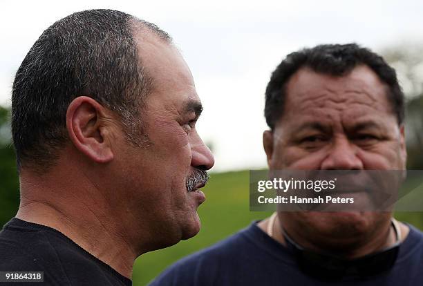 Former All Black Joe Stanley speaks to the media as former Samoan player Peter Fatialofa looks on after a celebrity Tsunami Relief rugby training...