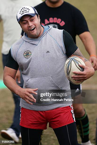 Former Auckland rugby player Ben Atiga during a celebrity Tsunami Relief rugby training session at Unitec on October 14, 2009 in Auckland, New...