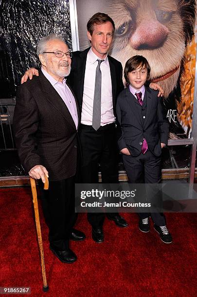 Author Maurice Sendak, director Spike Jonze and actor Max Records attends the "Where The Wild Things Are" premiere at Alice Tully Hall on October 13,...