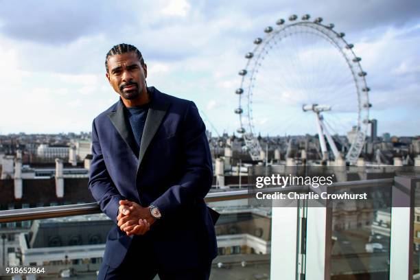 David Haye poses for a photo on a balcony overlooking London during the Joe Joyce v Rudolf Jozic weigh in at Park Plaza Hotel on February 15, 2018 in...