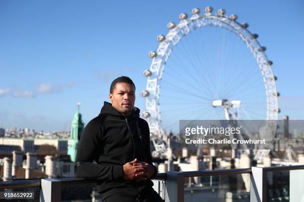 Joe Joyce poses for a photo on a balcony overlooking London during the Joe Joyce v Rudolf Jozic weigh in at Park Plaza Hotel on February 15, 2018 in...