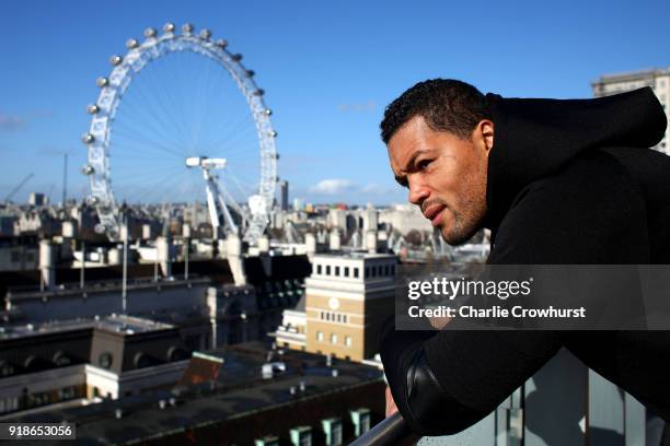 Joe Joyce poses for a photo on a balcony overlooking London during the Joe Joyce v Rudolf Jozic weigh in at Park Plaza Hotel on February 15, 2018 in...