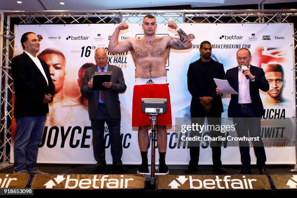 Rudolf Jozic weighs in during the Joe Joyce v Rudolf Jozic weigh in at Park Plaza Hotel on February 15, 2018 in London, England.