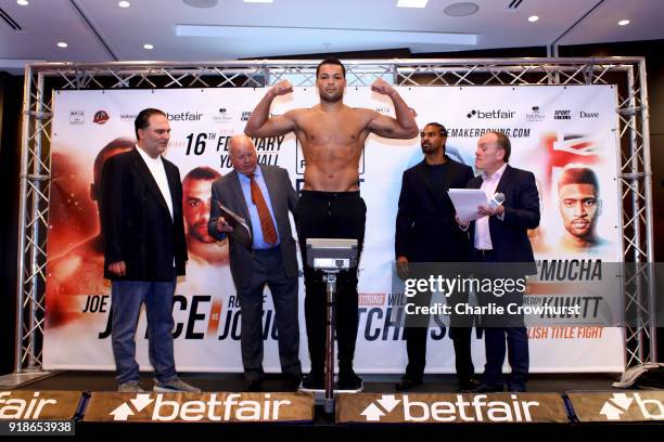 Joe Joyce weighs in during the Joe Joyce v Rudolf Jozic weigh in at Park Plaza Hotel on February 15, 2018 in London, England.