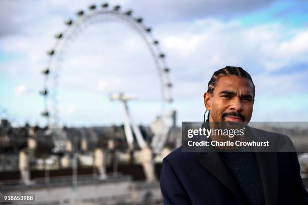 David Haye poses for a photo on a balcony overlooking London during the Joe Joyce v Rudolf Jozic weigh in at Park Plaza Hotel on February 15, 2018 in...