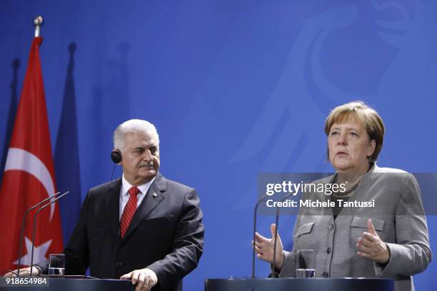 German Chancellor Angela Merkel and Turkish Prime Minister Binali Yildirim speak to the media during a press conference following their meeting in...