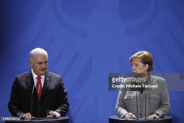 German Chancellor Angela Merkel and Turkish Prime Minister Binali Yildirim speak to the media during a press conference following their meeting in...