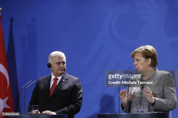 German Chancellor Angela Merkel and Turkish Prime Minister Binali Yildirim speak to the media during a press conference following their meeting in...