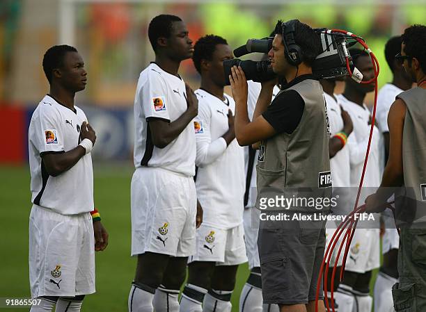 Cameraman films Dominic Adiyiah of Ghana during their national anthem in the FIFA U20 World Cup Semi Final match between Ghana and Hungary at the...