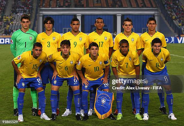 The Brazil team lines up prior to the FIFA U20 World Cup Semi Final match between Brazil and Costa Rica at the Cairo International Stadium on October...