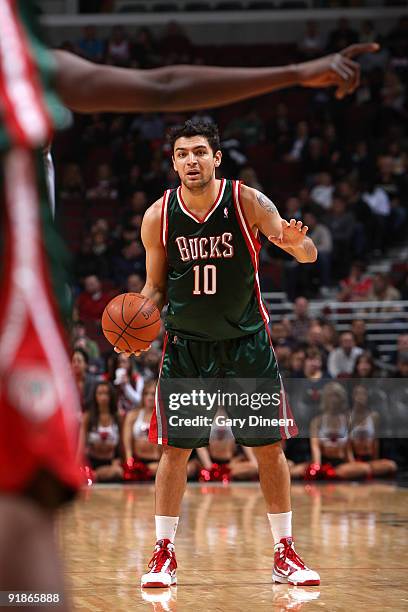 Carlos Delfino of the Milwaukee Bucks calls a play against the Chicago Bulls on October 13, 2009 at the United Center in Chicago, Illinois. NOTE TO...