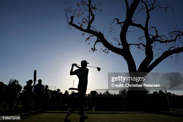 Harris English plays his shot from the third tee during the first round of the Genesis Open at Riviera Country Club on February 15, 2018 in Pacific...