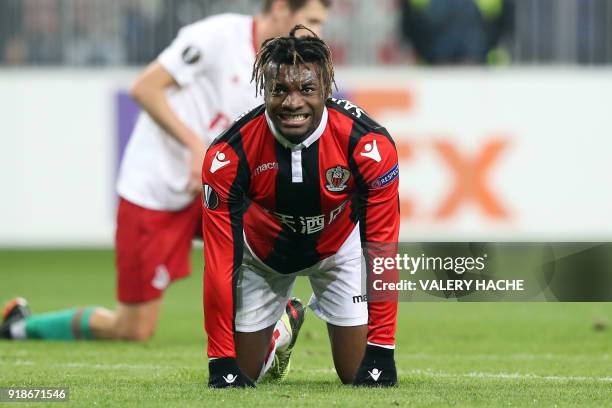 Nice's French midfielder Allan Saint-Maximin reacts during the UEFA Europa League football match between Nice and Lokomotiv Moscow on February 15 at...