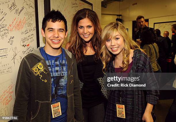 Singer David Archuleta, singer Hillary Scott of Lady Antebellum and actress Jennette McCurdy attend the "We're All For The Hall" benefit concert for...