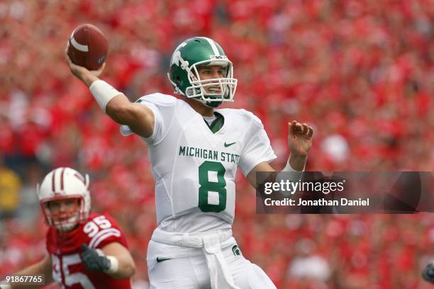 Kirk Cousins of the Michigan State Spartans looks to pass the ball against the Wisconsin Badgers on September 26, 2009 at Camp Randall Stadium in...