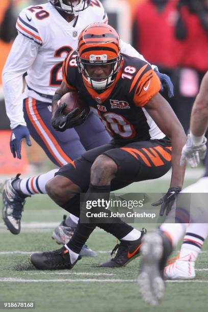 Green of the Cincinnati Bengals runs the football upfield during the game against the Chicago Bears at Paul Brown Stadium on December 10, 2017 in...