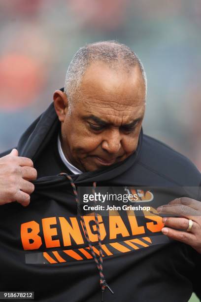 Head Coach Marvin Lewis of the Cincinnati Bengals watches his team warm up before the game against the Chicago Bears at Paul Brown Stadium on...