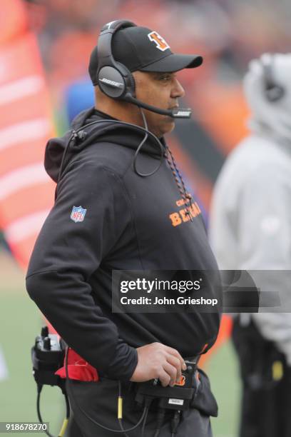 Head Coach Marvin Lewis of the Cincinnati Bengals watches his team from the sidelines during the game against the Chicago Bears at Paul Brown Stadium...