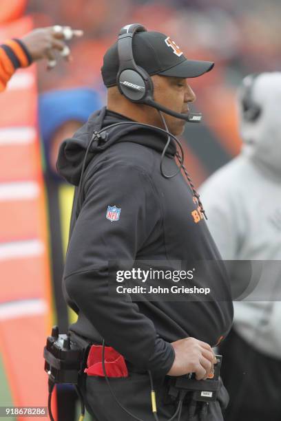 Head Coach Marvin Lewis of the Cincinnati Bengals watches his team from the sidelines during the game against the Chicago Bears at Paul Brown Stadium...