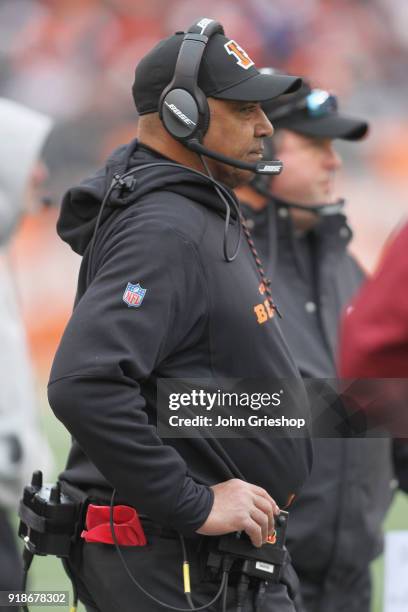 Head Coach Marvin Lewis of the Cincinnati Bengals watches his team from the sidelines during the game against the Chicago Bears at Paul Brown Stadium...