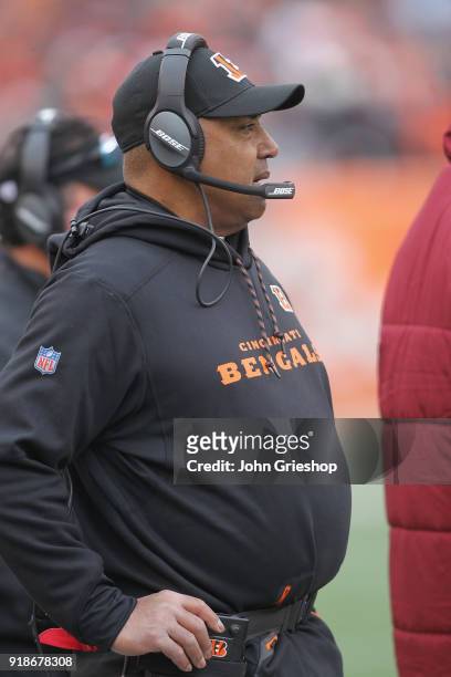 Head Coach Marvin Lewis of the Cincinnati Bengals watches his team from the sidelines during the game against the Chicago Bears at Paul Brown Stadium...