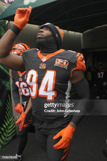 Chris Smith of the Cincinnati Bengals takes the field for the game against the Chicago Bears at Paul Brown Stadium on December 10, 2017 in...