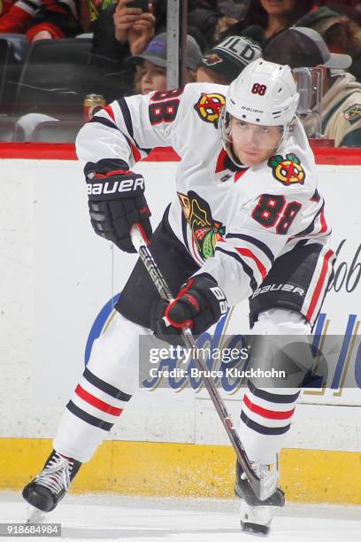 Patrick Kane of the Chicago Blackhawks passes the puck against the Minnesota Wild during the game at the Xcel Energy Center on February 10, 2018 in...