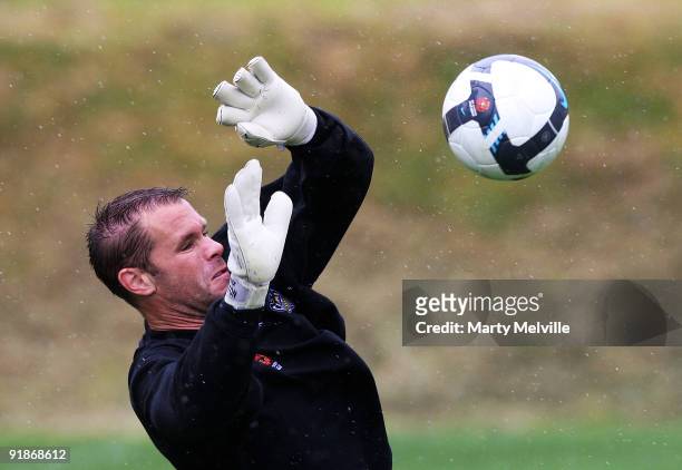 Mark Paston keeper for the Phoenix makes a save during a Wellington Phoenix A-League training session at Newton Park on October 14, 2009 in...
