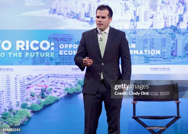 Puerto Rico Governor Ricardo Rossello Nevares speaks onstage during the Pathway To The Future: Opportunities Of An Economic Transformation Forum at...