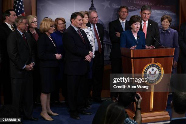 Sen. Susan Collins speaks as Sen. Joe Donnelly , Sen. Lindsey Graham , Sen. Claire McCaskill , Sen. Maggie Hassan , Sen. Heidi Heitkamp , Sen. Mike...