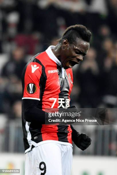 Mario Balotelli of Nice celebrates his second goal during the Europe League match between Nice and Lokomotiv Moscow at Allianz Riviera on February...