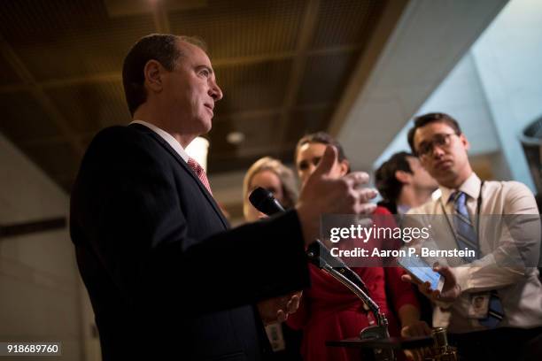 Rep. Adam Schiff , Ranking Member on the House Intelligence Committee, speaks with reporters on Capitol Hill on February 15, 2018 in Washington, DC....