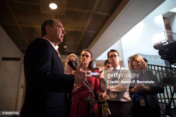 Rep. Adam Schiff , Ranking Member on the House Intelligence Committee, speaks with reporters on Capitol Hill on February 15, 2018 in Washington, DC....