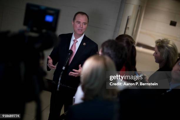 Rep. Adam Schiff , Ranking Member on the House Intelligence Committee, speaks with reporters on Capitol Hill on February 15, 2018 in Washington, DC....