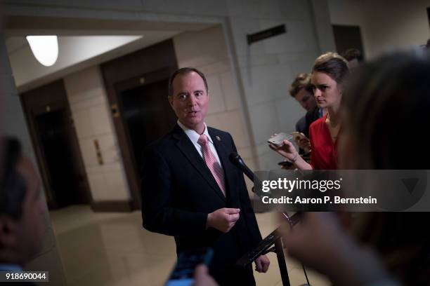 Rep. Adam Schiff , Ranking Member on the House Intelligence Committee, speaks with reporters on Capitol Hill on February 15, 2018 in Washington, DC....