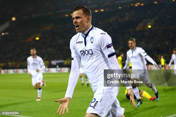 Josip Ilicic of Atalanta celebrates scoring the first Atalanta goal during UEFA Europa League Round of 32 match between Borussia Dortmund and...