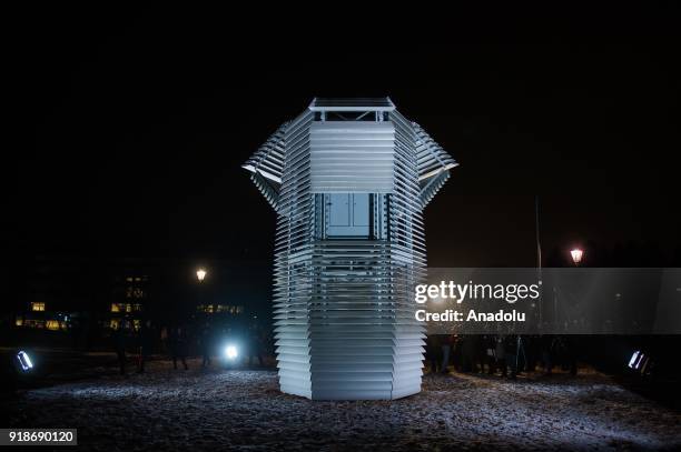 General view of the Smog free tower, the first external smog cleaner at the Park Jordana, in Krakow, Poland on February 15, 2018. The 7 meters high...