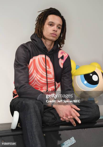 Model poses at the Katie Eary's Skate Park during London Fashion Week February 2018 on February 15, 2018 in London, England.